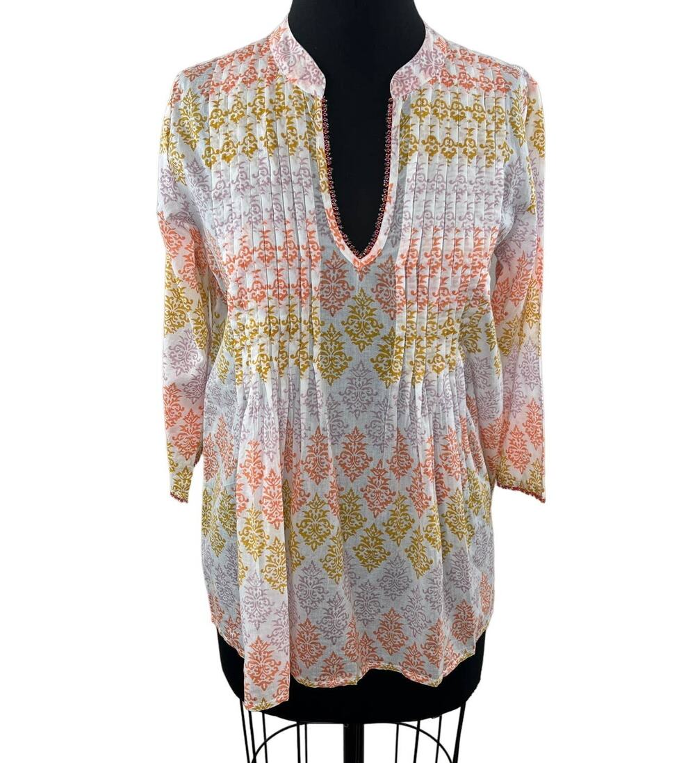 Roberta Roller Rabbit Multicolor Brocade 3/4 Sleeve Kurta Tunic Top Beaded S